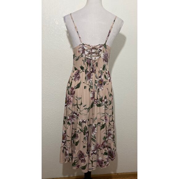 Band of Gypsies BOG Collection Tan Multi Floral Tiered Midi Dress Size M Straps - Picture 4 of 7